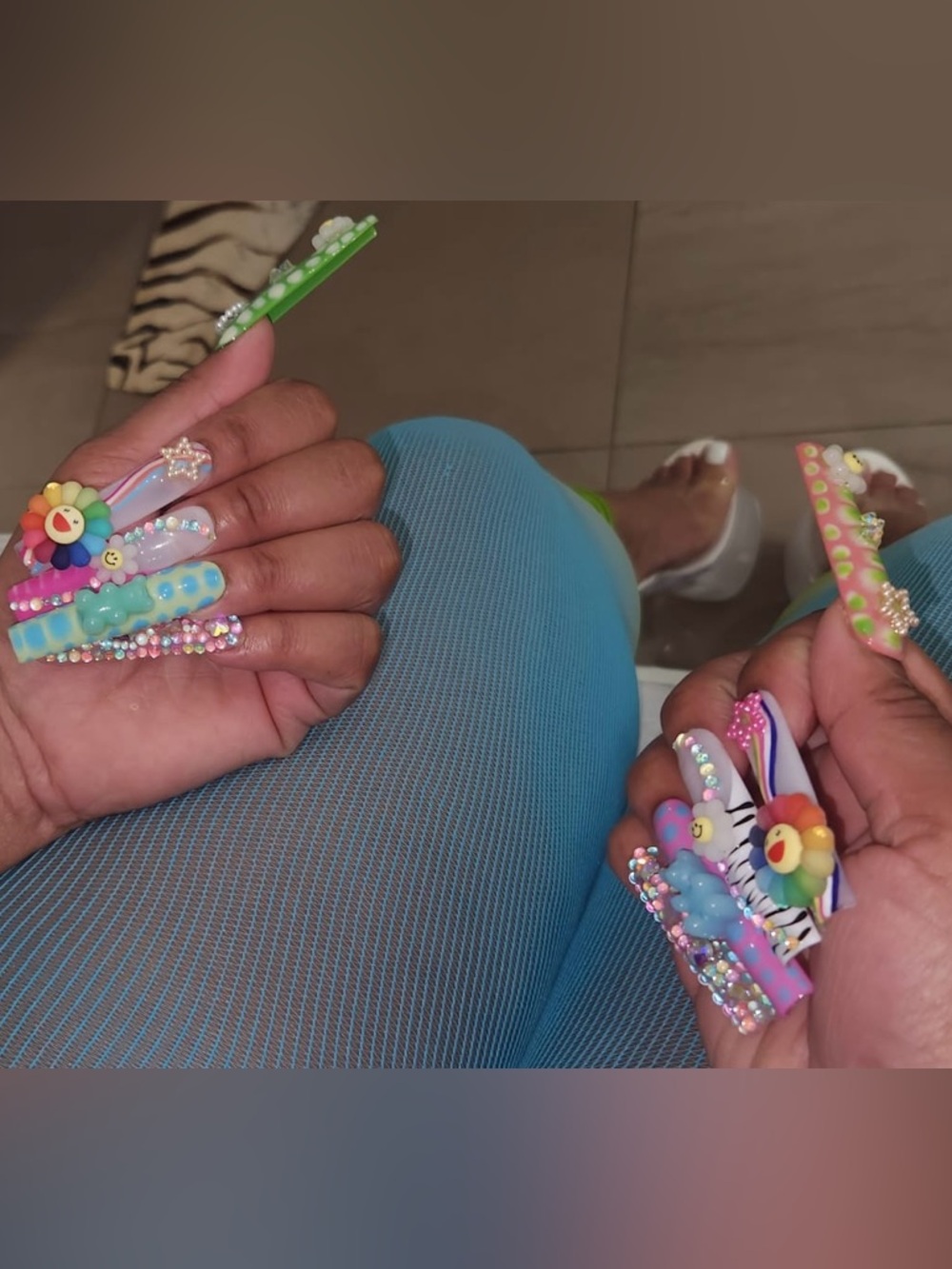 Colorful 3D Flower and Rhinestone Press-On Nails
